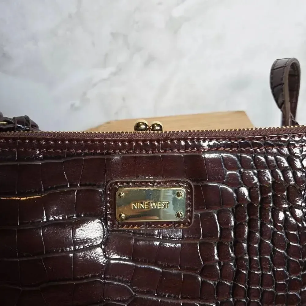 Nine West Kiss-Poptop Brown Crossbody Croc Alligator Bag